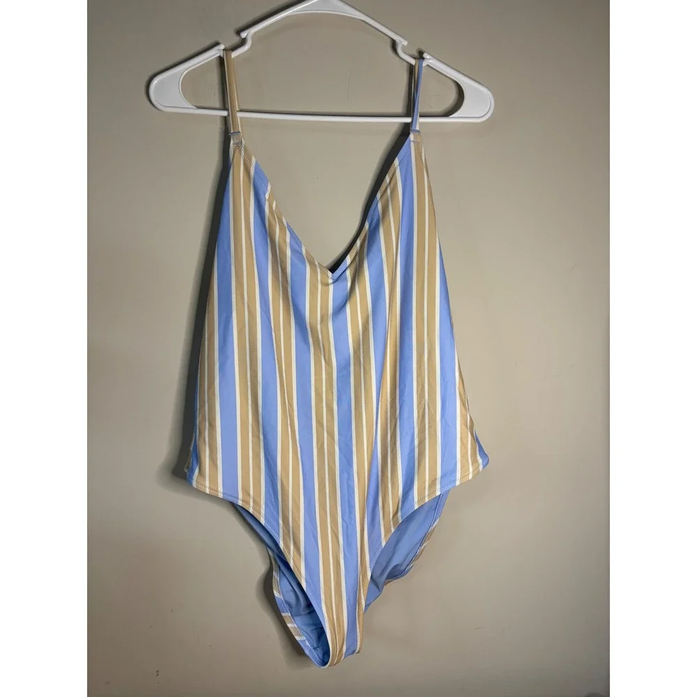 Aerie Real Good‎ Blue Tan Striped Scoop One Piece Swimsuit XL UPF 50 Ribbed